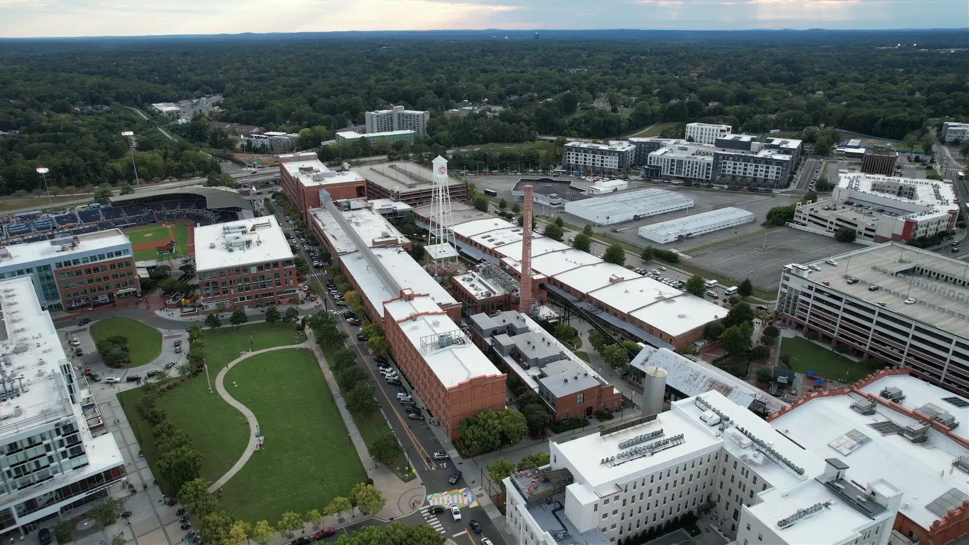Aerial view of Durham's American Tobacco Campus